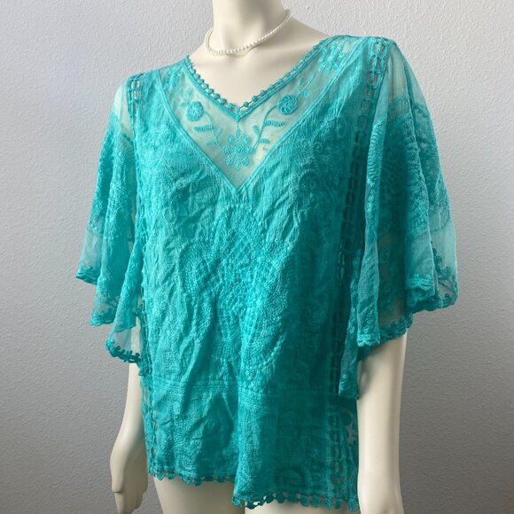 Sapphire Anthropology brand turquoise intricate lace boho top. Sz Large petite. - Picture 11 of 12